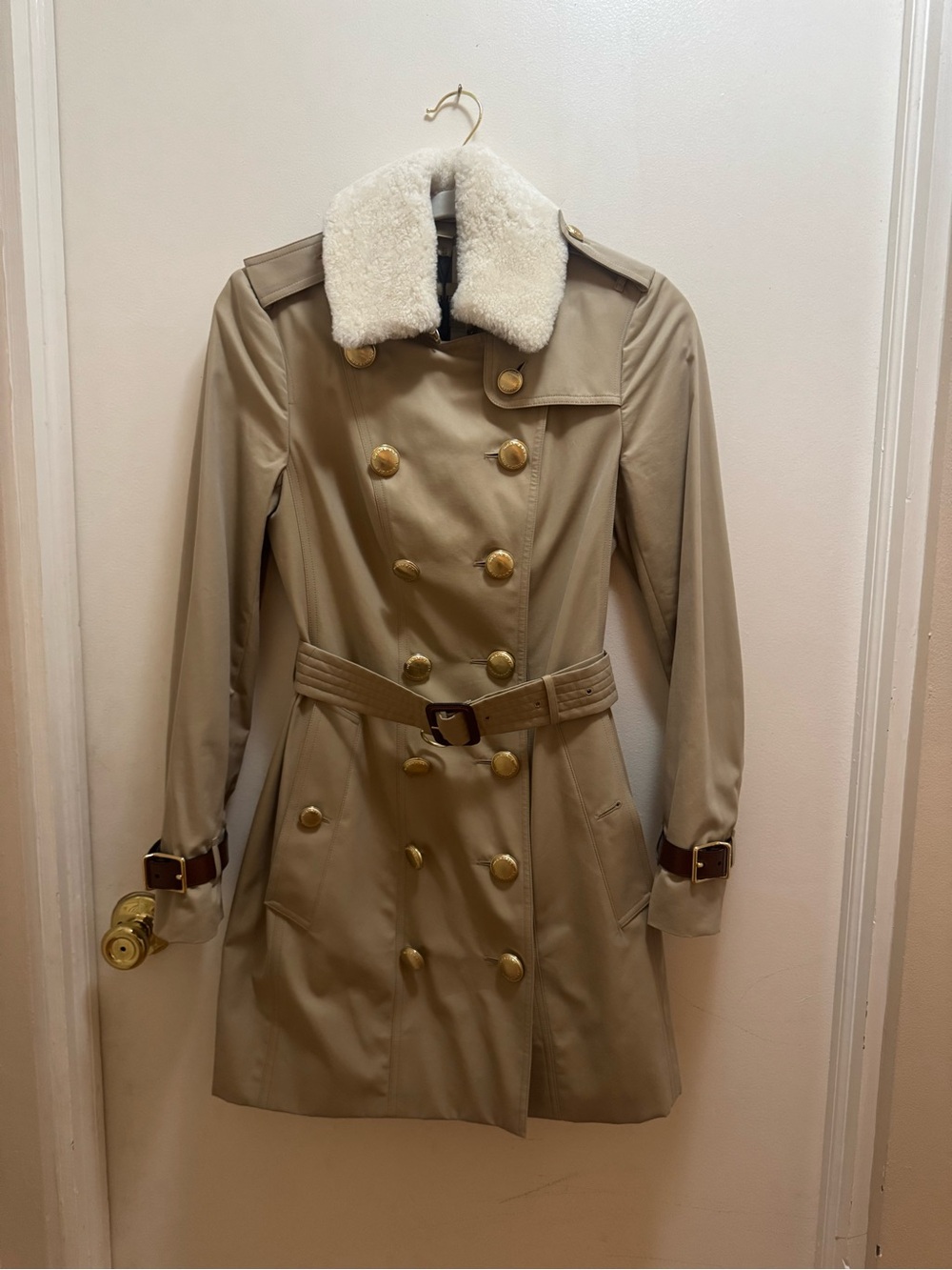 Burberry Tan Trench Coat with removable Cream Shearling Collar- open to offers